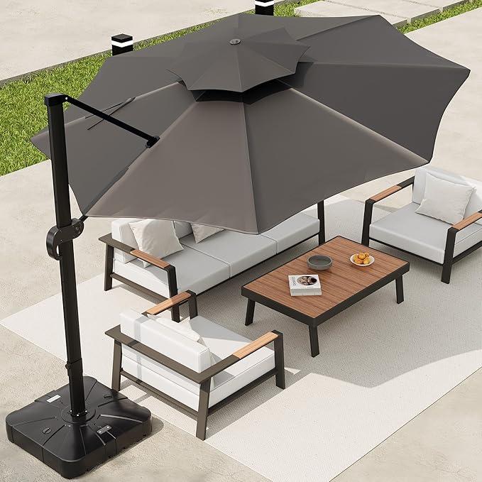 10x10 ft Round Outdoor Umbrella, Cantilever Patio Umbrella with 360° Rotation & Adjustable Height, Heavy Duty Aluminum Umbrella Outdoor Patio for Garden Poolside,Grey (Base Not Included)