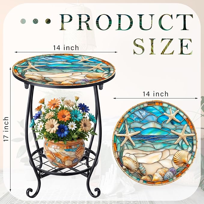 Cinnvoice Outdoor Side Table Round Small Mosaic Patio Accent Indoor End Plant Coffee Tea Table for Yard Patio Porch Garden Living Room, Bedroom(Beach Starfish Style,14 Inch)
