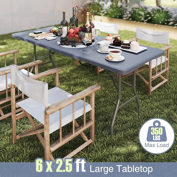 Goplus 6ft Plastic Folding Table, 350 LBS Outdoor Heavy Duty Folding Tables with HDPE Tabletop, Handle, Lock, Foldable Rectangle Portable Utility Card Table for Picnic, Party, Camping, Dining