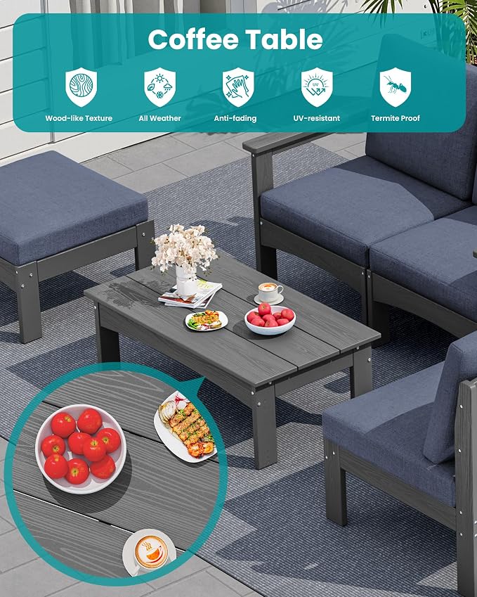 SERWALL 5-Piece Patio Sofas, All-Weather HDPE Outdoor Sectional Sofa with Cushions and Coffee Table, Large Modular Patio Conversation Set for Garden, Lawn, Deck, Porch, Grey Frame with Grey Cushion