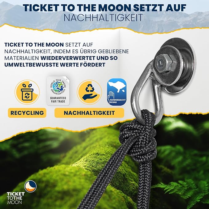 Ticket to the Moon Hammock Hanging Suspension Accessories - Quality Tested, Fair Trade, Handmade & Durable: Nautical Ropes, Straps Webbing, Carabiners, Ridgeline (Organizer), Hanger for Concrete Walls
