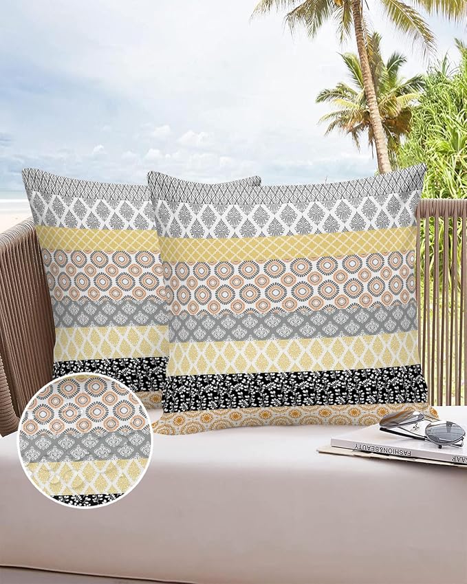 Outdoor Waterproof Throw Pillow Covers Set of 2 Yellow Boho Stripe Tribal Vingtage Lumbar Pillowcases 26x26 Inches Bohemian Style Decorative Pillows Cushion Case Patio Pillows for Couch Bed Garden