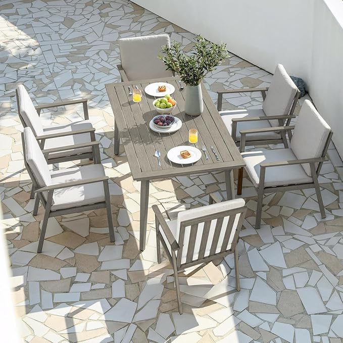 7 Pieces Outdoor Dining Set, Never-Rust Aluminum Patio Furniture Set with Umbrella Hole, All-Weather Outdoor Patio Dining Set for 6, Patio Table and Chair Set for Decks, Pool, Yard, Limed Oak