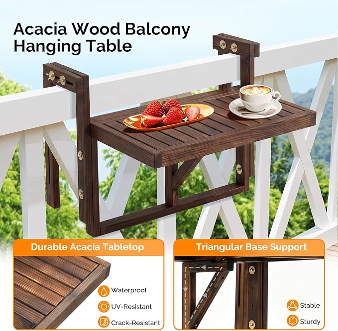 VINGLI 22in Acacia Wood Folding Balcony Hanging Table – Adjustable Height & Width, Balcony Railing Table Ideal for Different Railing Widths, Perfect for Balcony, Patio, Rectangular,Carbonized Color