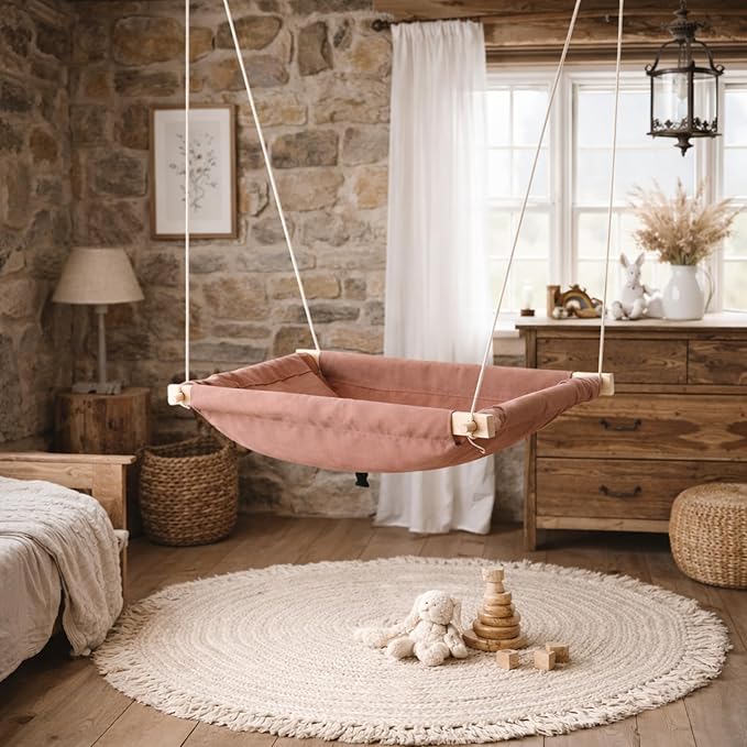 Kids Hammock Bed for Children Ages 3 to 5 Years, 15 to 36 kg Capacity, Comfortable Fabric with Wooden Frame, Portable and Easy to Assemble for Indoor and Outdoor Use (Brown-4)