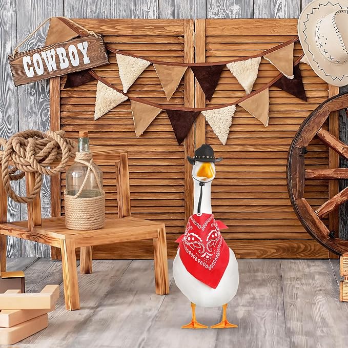 Shyyween Western Cowboy Porch Goose Outfits for 23"/ 17'' Lawn Cement Goose Statue Clothes Cowboy Hat with Bandana Scarf(Black, Red)