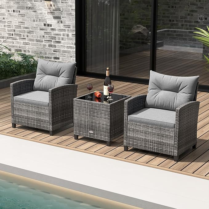 KOTEK 3 Piece Patio Furniture Set, Outdoor PE Rattan Conversation Set with Washable Cushions & Tempered Glass Tabletop, Wicker Chairs and Table Set for Porch, Garden, Balcony (Grey)