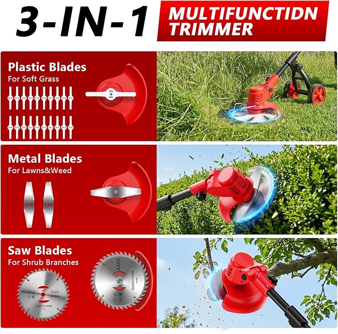 Electric Weed Wacker Cordless, 4000mAh Weed Eater Battery Powered with Wheel, 4 in 1 Grass Trimmer/Heavy Duty Brush Cutter/Lawn Edger/Weed Trimmer, No String Trimmer with Blade, 2 Battery Garden Tool