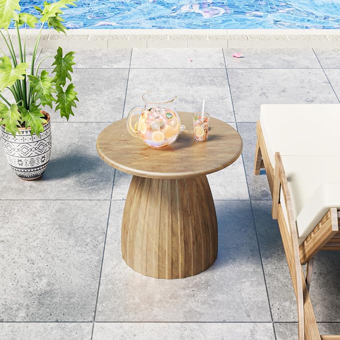 Metal Small Patio Table, Round Outdoor Side Table, Wood Color Outdoor Accent Patio End Table, for Garden, Pool, Yard, Balcony, Living Room, Deck, Weather Resistant, No Assembly