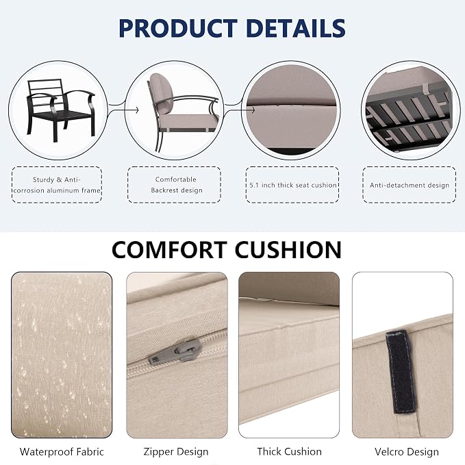 Aluminum Outdoor Patio Furniture Set,4 Pieces 5 Seats Patio Conversation Sets with 45" Propane Fire Pit Table,Metal Patio Sectional Furniture Set with 2 Swivel Rocking Chairs,Sand