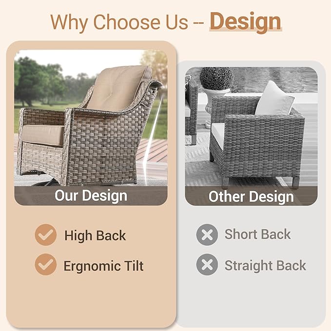 HOOOWOOO Patio Furniture Set,6 Pieces Wicker Outdoor Furniture,High Back Conversation Set with All Weather Resistant Fire Pit Table Couch Chairs Ottomans,Beige Tan