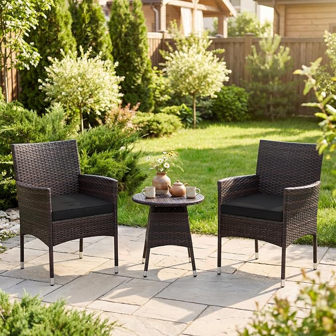 Tangkula 3 Piece Patio Furniture Set, Hand-Woven PE Wicker Conversation Set with Contoured Armchairs, Cushions & Round Coffee Table, Outside Bistro Set for Porch, Backyard, Balcony & Poolside (Black)