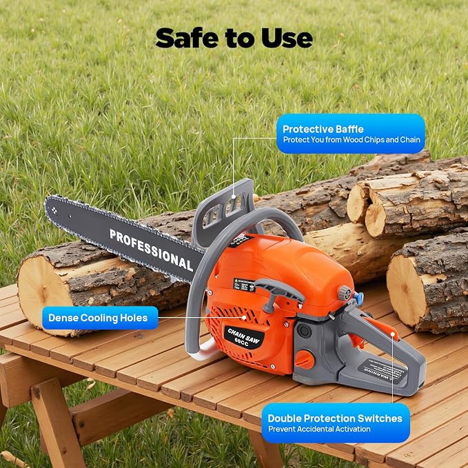 60CC Gas Chain Saw, 22inch Chain Gasoline Chainsaw 2-Stroke, 2800w Wood Cutting Self-Reset Pull Start Single Cylinder Air-Cooled Tree Felling Widened Brake Baffle Saws Tool Full Kit For Outdoor Farm