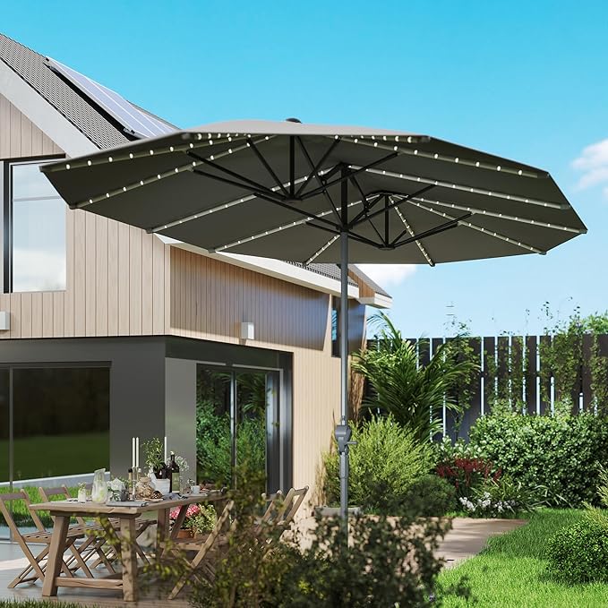 Outsunny 15ft Extra Large Patio Umbrella with Bright Solar Lights, Aluminum UPF50+ Double-Sided Outdoor Table Market Umbrella with Fiberglass Ribs Crank Air Vents for Backyard Deck Pool