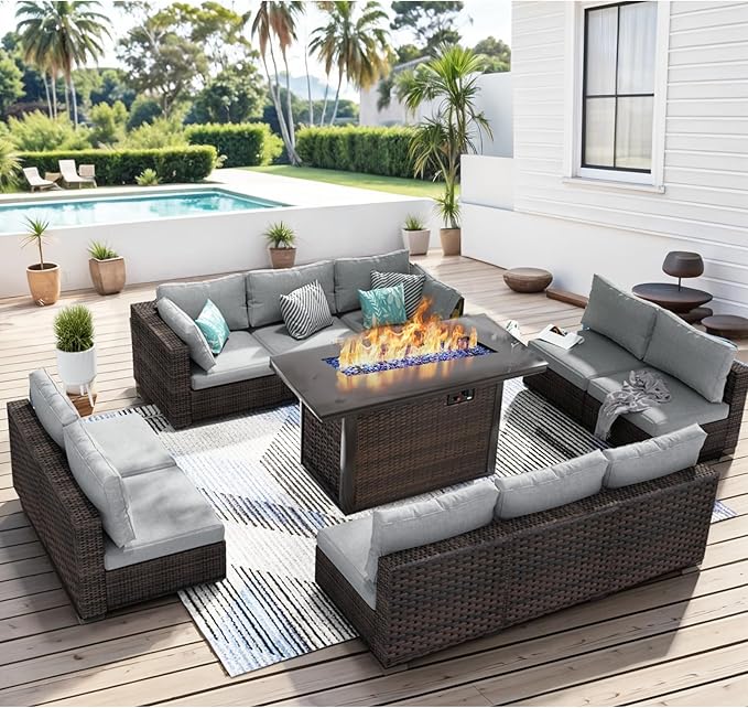Patio Furniture Set 11 Pieces with 44" Fire Pit Table, Rattan Outdoor Sectional Conversation Sets, All Weather Outdoor Furniture Set with Cushions for Garden Lawn Balcony Porch Deck Grey