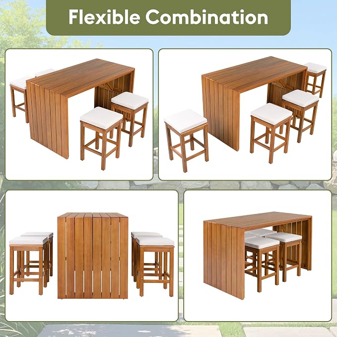 5 Piece Outdoor Bar Set for 4, Acacia Wood Bar Height Table & 4 Stools with Removable Cushions, Wood Dining Table Bar Set with Adjustable Feet for Backyard, Poolside, Balcony, Beige+Natural