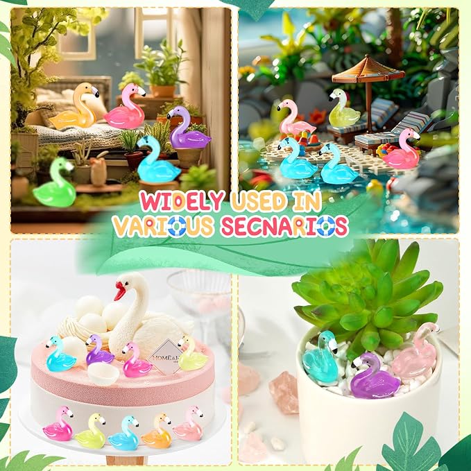 64pcs Luminous Large Mini Resin Flamingo Ducks 8 Colors Glow in The Dark Tiny Small Little Resin Flamingo to Hide Plastic Animal Figures for Micro Fairy Garden Landscape Dollhouse Aquarium Decorations