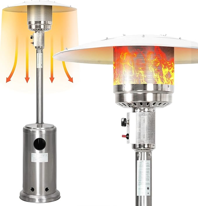 Nuu Garden Outdoor 46,000 BTU Stainless Steel Propane Gas Patio Heater with Wheels, Removable Stainless Iron Heater for Patio, Backyard, Garden, Porch, Silver