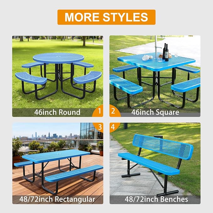 46In Round Outdoor Picnic Table – Heavy-Duty Commercial Steel Table with Thermoplastic Coating, Weatherproof & Rust-Resistant, Perfect for Parks, Patios, Schools & Campgrounds (Blue)