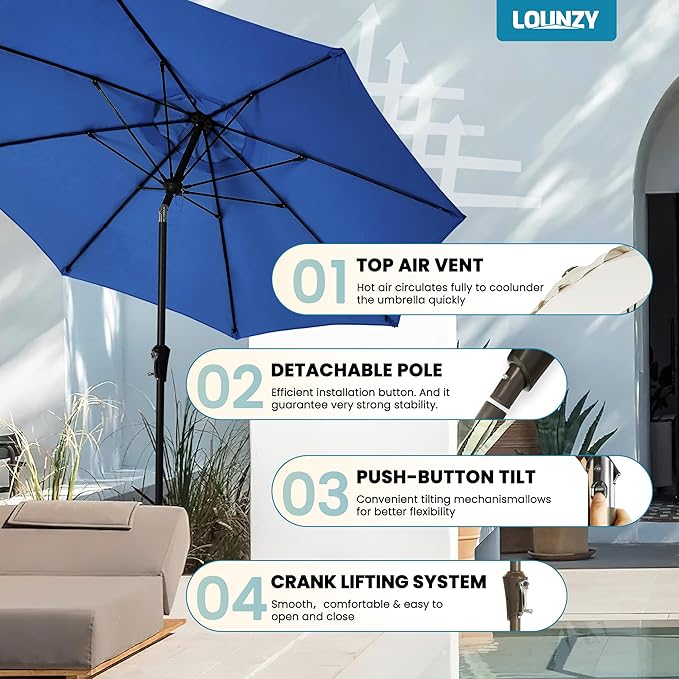 LOUNZY 9FT Large Outdoor Patio Umbrella Table Umbrella-UV Resistant,Easy Push Button Tilt and Crank,8 Sturdy Fiberglass Ribs Pool Umbrella for Patio,Backyard,Deck,Yard,Market