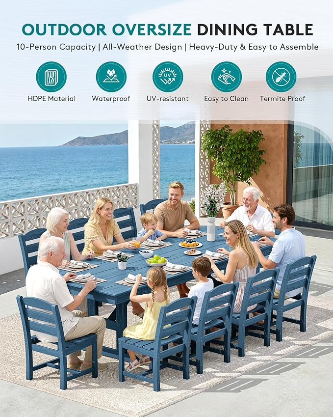 SERWALL Outdoor Armless Dining Chairs Set of 4, All-Weather HDPE Patio Chair with 19.7" Widened Seat, for Backyard, Garden, Blue