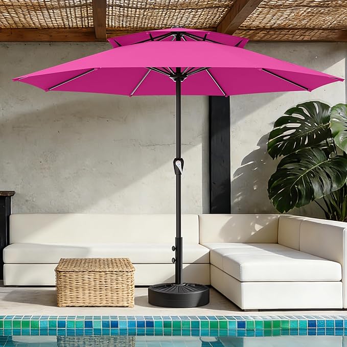 AreShark 12ft 2 Tiers Patio Umbrella - Outdoor Umbrella Waterproof UV Protection, Market Table Umbrella w/ 8 Sturdy Ribs&Crank for Pool, Porch, Garden(Rose Pink)