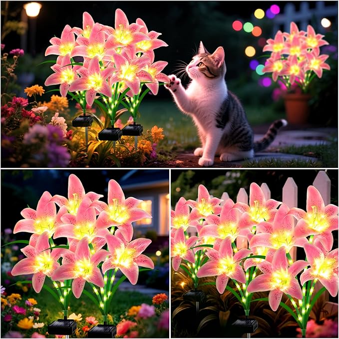 Solar Lights Outdoor, Gift for Women Mom Grandma Wife Daughter, 4 Pack 16 Solar Pink Lily Flower Lights, Solar Flower Lights Waterproof, Outside Decor Stake Light for Landscape Yard Patio Lawn Garden
