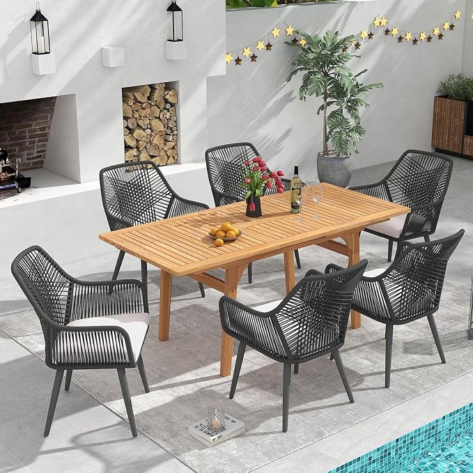 Patiorama 7-Piece Dining Set, Outdoor Dining Table Chair Set, Patio Wicker Dining Table Chair Set with 55"-71" Acacia Wood Expandable Table & Twisted Rattan Chairs for Yard Garden(Black & Cross Back)