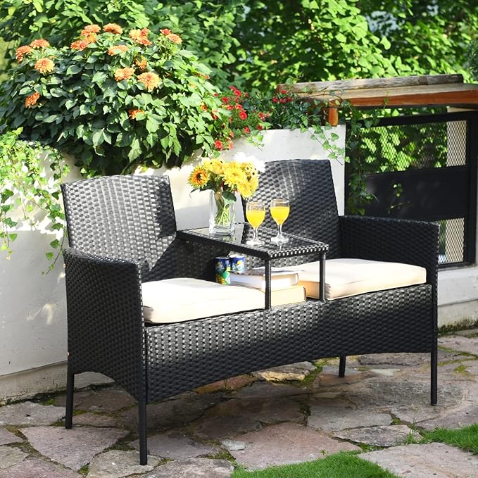Outdoor Love Seat Set Patio Conversation Set with Cushion & Built-in Coffee Table, Outdoor Rattan Sofa Furniture Set for Garden, Lawn, Backyard (Beige)