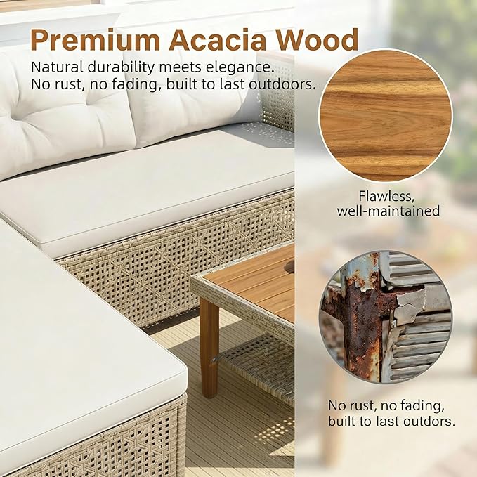 Greesum All-Weather Modular Rattan Sofa Set - Hand-Woven PE Wicker, L-Shaped Patio Couch with Cushions & Coffee Table for Indoor/Outdoor Use