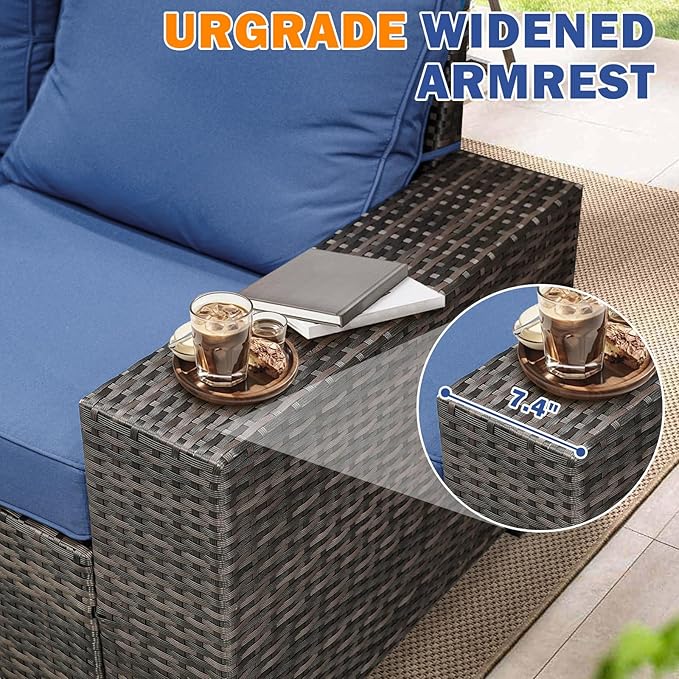 9 Pieces Patio Furniture Set,Wicker PE Rattan Outdoor Sectional with Cushion & Coffee Table, Patio Conversation Sofa for Garden, Backyard, Poolside, Navy