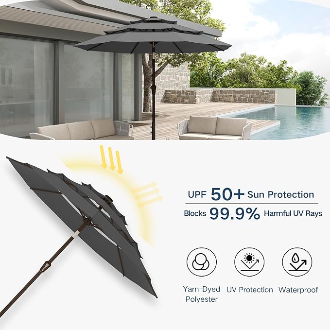 10FT Patio Umbrella 3 Tiers Outdoor Market Umbrella w/Push Button Tilt, Crank, UV and Waterproof Table Umbrella for Garden, Pool, Backyard, Deck, Lawn, Grey