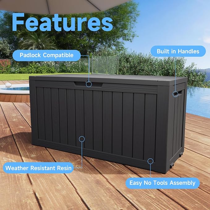 90 Gallon Outdoor Storage Box, Large Deck Box Waterproof Resin Storage Bin with Lid for Patio Cushions, Gardening Tools, UV Resistan (Black, 90 Gallon)