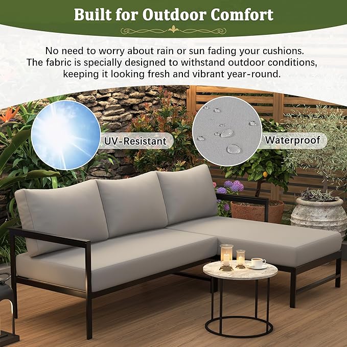 VilroCaz Outdoor L-Shaped Sectional Sofa with 5.9'' Ultra-Thick Cushions, All Weather Patio Conversation Set with Iron Frame for Balcony Garden (Gray-3.24)