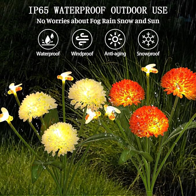 Solar Garden Lights Outdoor 2 Packs Solar Swaying Bee Lights with Fake Flowers Waterproof Firefly Light Flower Fairy Lights Outdoor Patio Yard Pathway Decoration Ideal Gifts for Women Mother's Day