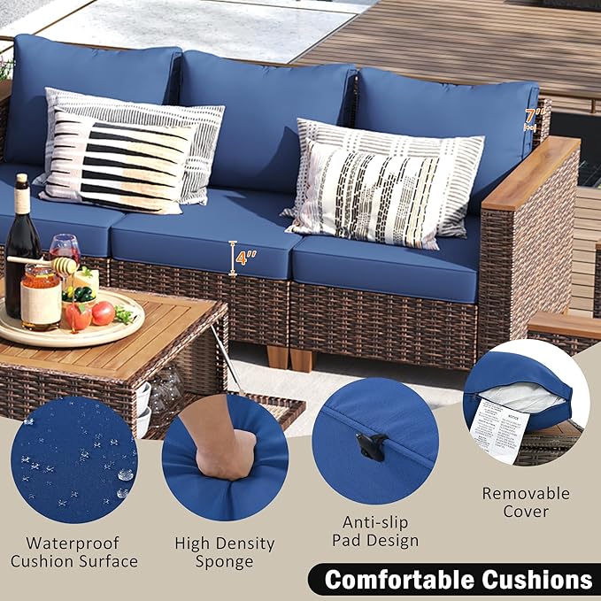 Outdoor Patio Sectional Furniture Set, 8-Piece Wicker Rattan Sofa Set with Thick Cushion, Patio Swivel Rocking Chairs Set of 2 with Acacia Storage Table, Conversation Set for Backyard (Blue+Brown/36)