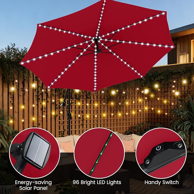 Tangkula 10 FT Solar Patio Umbrella with Base Included, Cantilever Offset Hanging Outdoor Umbrella with 96 Multi-Colored Flowing LED Lights, 9 Modes, Tilt Adjustment, 360° Rotation, Crank for Pool Yard Deck Lawn (Red)