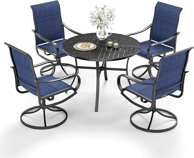 MFSTUDIO 5 Piece Outdoor Dining Set, Round Table & Swivel Chairs, Navy Blue | Padded textilene, Ergonomic high back, Metal table w/Umbrella hole, Rust-reistant, 4 Person, Patio deck garden backyard