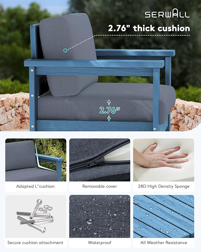 SERWALL 4 Pieces HDPE Outdoor Sofa Set with 10FT Patio Umbrella, All Weather Use Loveseat Furniture Sofa Set, Outdoor Conversation Couch with Coffee Table for Patio, Blue Frame with Grey Cushions