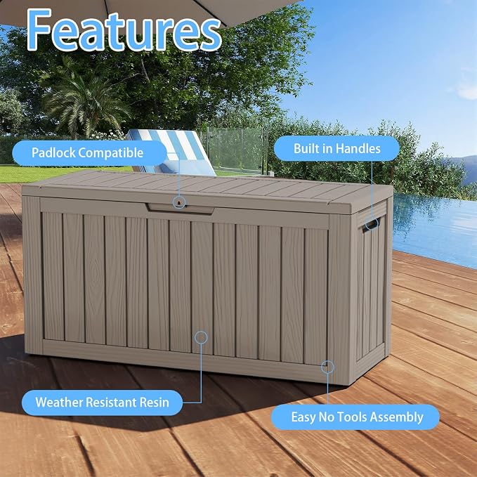 Pepe Tee 80 Gallon Waterproof Resin Deck Box, Outdoor Storage Bin for Patio Furniture Cushions, All-Weather Garden Organizer & Seating Bench, Coffee