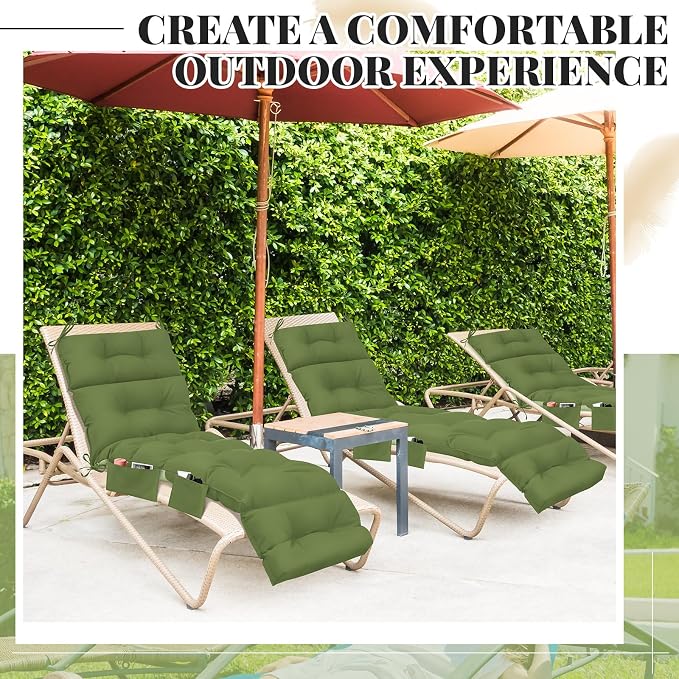 Kigley 2 Pcs Outdoor Chaise Lounge Cushions with 3 Side Pocket 74.5 x 22 x 4.7 Inch Patio Chaise Lounge Cushion, Water-Repellent and Fade-Resistant Tufted Summer Replacement(Moss Green, Solid Color)