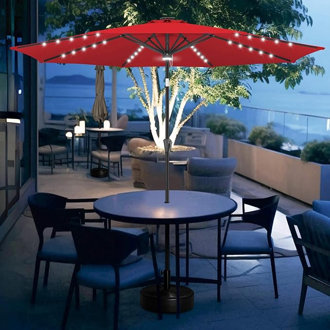 FLAME&SHADE 9 FT outdoor umbrella with 40LED lights, solar light patio umbrella with Centre Surround Light, Table Market Umbrella Outdoor Patiofor Deck, Pool, Backyard, Garden (Red)