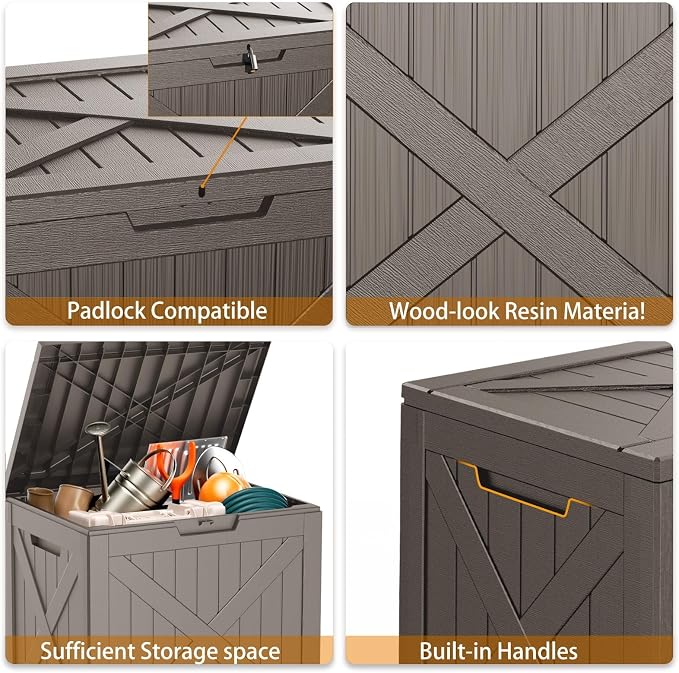 Deck Box Large Outdoor Storage for Patio Furniture,Outdoor Cushions,Garden Tools and Pool Supplies,Waterproof,Resin,Lockable (Grey, 32 Gal)