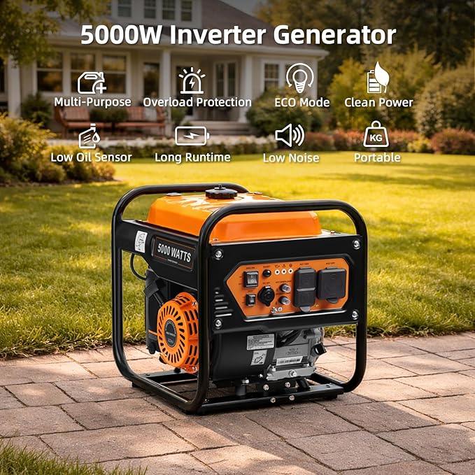 Oxseryn 5000-Watts Portable Inverter Generator, Gas Generator for Home Backup, 30A Outlet, RV Ready, ECO Mode, 60Lbs, EPA Compliment