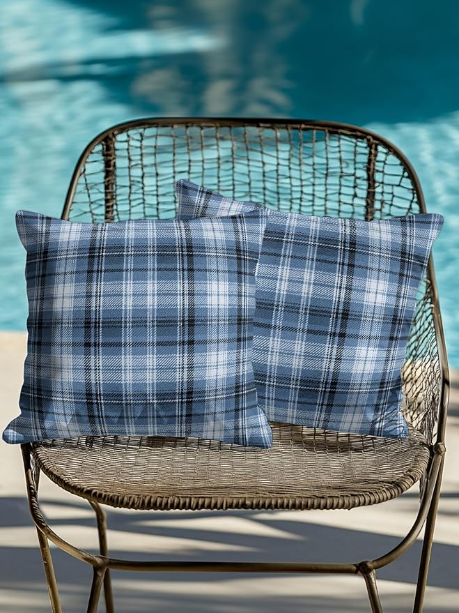 Waterproof Outdoor Pillow Set of 2 Blue Checked Plaid Decorative Throw Pillows Cover & Insert 16x16 Inch Pillowcase Stripes Woven Grid Square Pillows for Couch Sofa Bed Patio Furniture Indoor Outdoor