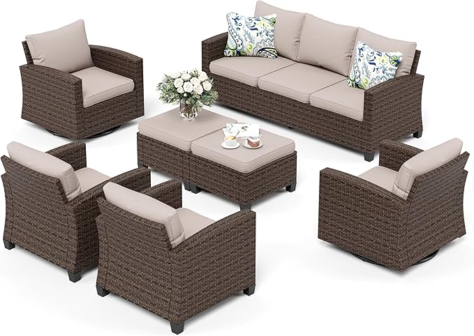 Swivel Glider Patio Furniture Set Outdoor Furniture Brown Wicker Rattan Patio Conversation Sets with Cushion Outside Sofa Set,7 Pieces 9 Seats,Beige