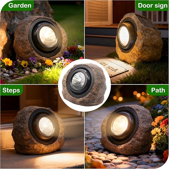 Solar Rock Lights Outdoor,4 Pack IP65 Waterproof LED Solar Brown Garden Stone Spotlights,Warm White & Cool White Switchable,Auto On/Off Landscape Lights for Pathway Walkway Yard Patio