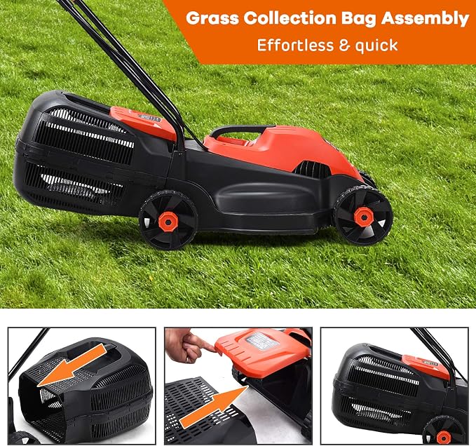 IRONMAX Electric Lawn Mower, 12.5 Amp 1200W Corded Push Mower with 3 Cutting Heights, 30L Grass Collection Bag, Folding Handle, 13" Walk-Behind Lawn Mowers for Yard Garden Farm (Red)