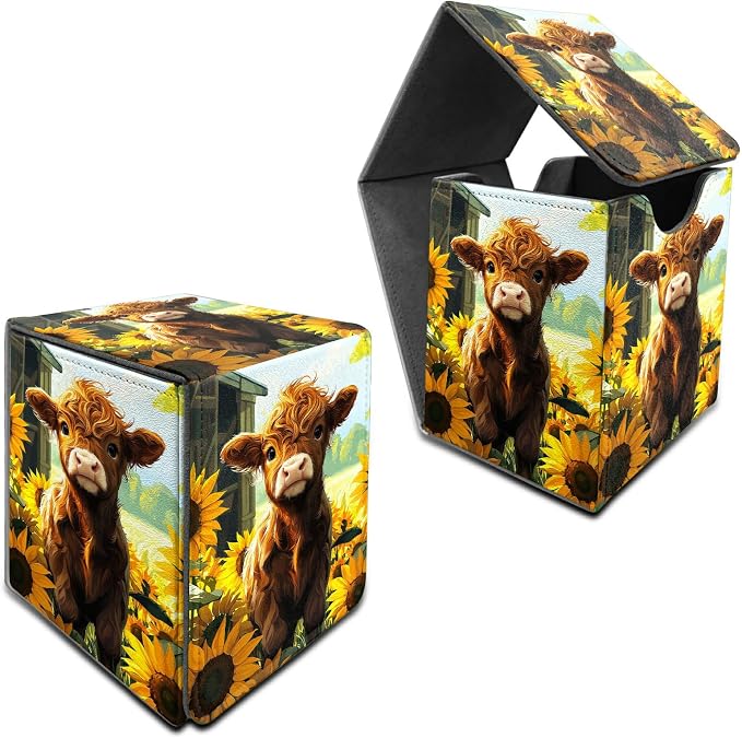Sunflower Baby Cow Card Deck Box for MTG, Personalized Card Storage Case Fits 120+ Sleeved Cards, Premium Leather TCG Box with Strong Magnetic Closure for Magic, CCG, PTCG, Baseball Cards