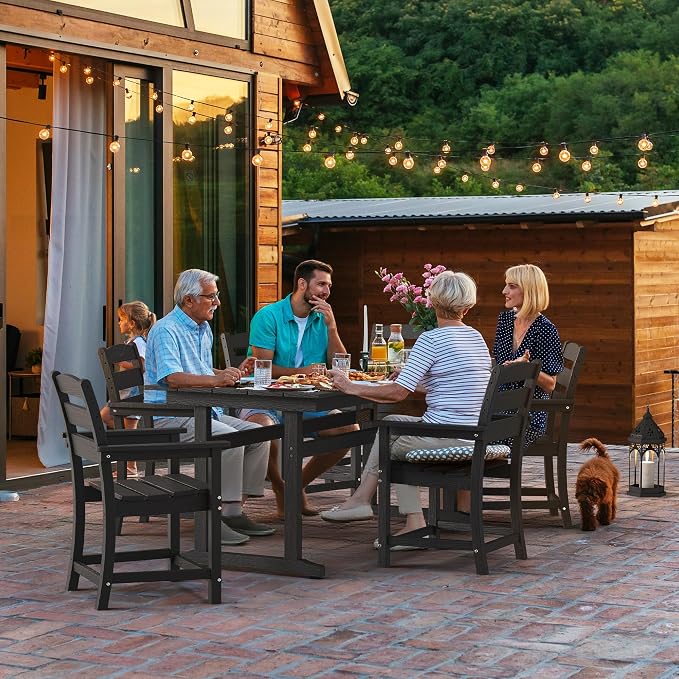 nalone 5-Piece Patio Dining Table Set, HDPE Outdoor Dining Sets with Table and 4 Chairs, Dining Furniture Set with Umbrella Hole (Black, 5 Pcs)